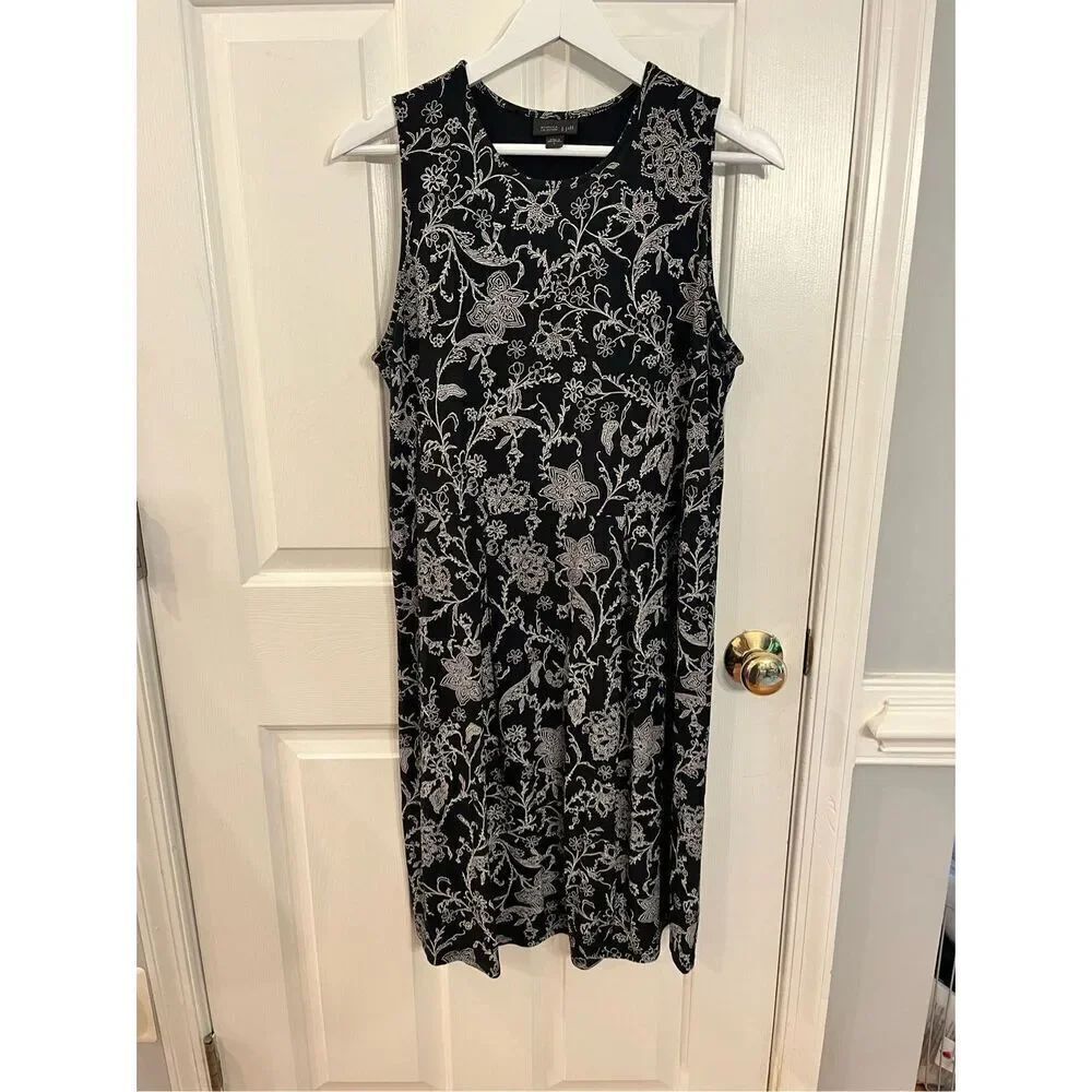 J. Jill Wearever Black & White Floral Print Sleeveless MIDI Dress sz S EUC